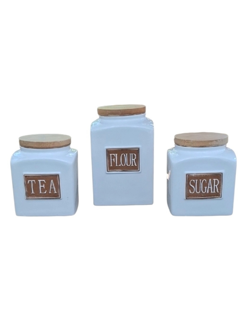 THL Ceramic Tea, Flour & Sugar Canister Set with Wooden Lids - White